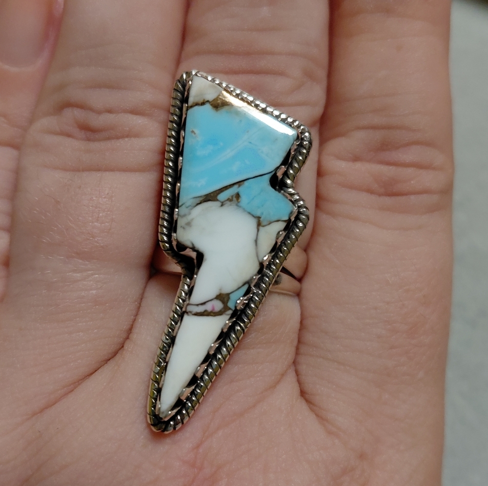 Cotton Candy Turquoise Lightning Bolt Sterling Silver Adjustable Ring - Picture 2 of 9
